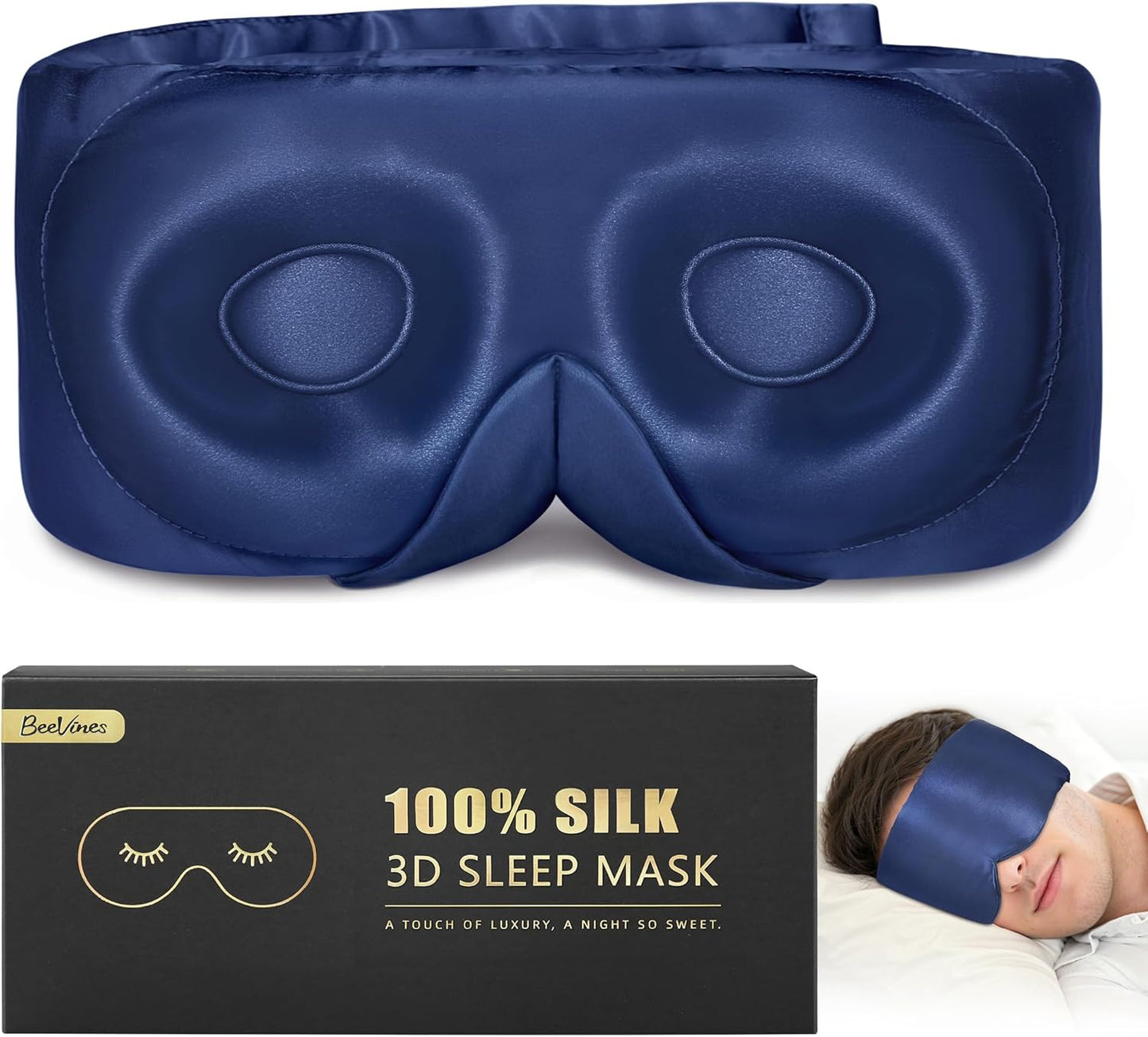 BeeVines Pure Silk 3D Sleep Mask for Women & men, Luxury 100% 22 Momme Mulberry Silk 3D Contoured Eye Mask for Lash Extensions, Zero Eye Pressure & Blackout Blindfold for Sleeping, with Adjustable Band