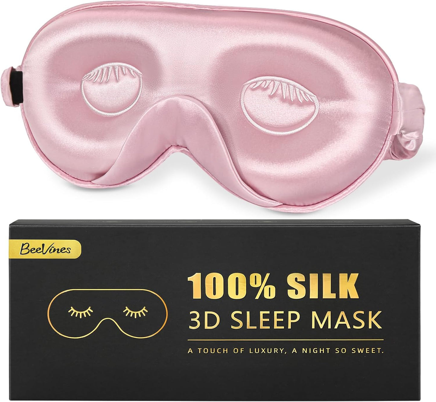 BeeVines Pure Silk 3D Contoured Sleep Mask for Women, Luxury 100% 22 Momme Mulberry Silk 3D Contoured Eye Mask for Lash Extensions, Zero Eye Pressure & Blackout(Pink)