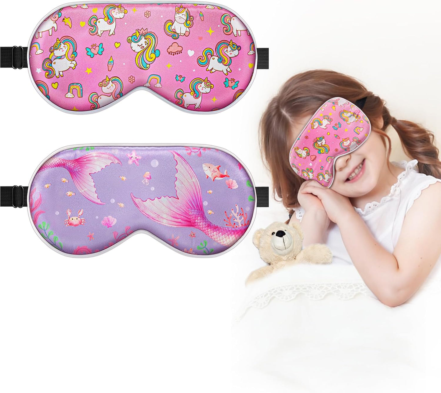 BeeVines Kids 100% Real Mulberry Silk Sleep Mask 2 Pack, Original Design Pure Silk Sleeping Eye Masks for Girls, Skin-friendly Blackout Eye Cover, Adjustable Strap, Reduce Puffy Eyes, for Travel Gifts