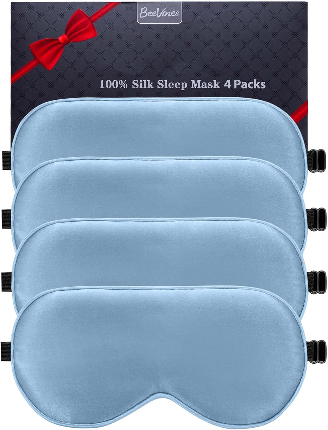 BeeVines Sleep Mask, 4 Packs 100% Real Natural Pure Silk Eye Masks with Adjustable Strap for Sleeping, Mulberry Silk Eye Sleep Shade Cover, Block Light Reduces Puffy Eyes Traveling Gifts
