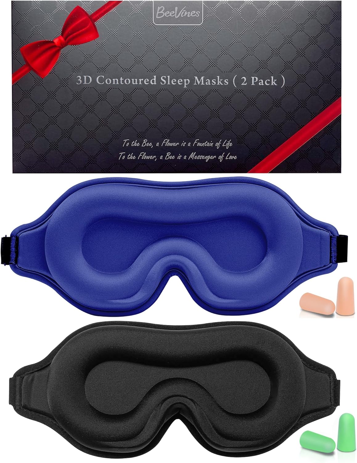 BeeVines 2 Pack 3D Contoured Sleep Mask Sleeping Eye Masks for Lash Extensions, Night Molded Mask with Adjustable Strap, 100% Block Light Eye Shade Cover for Traveling Yoga Nap