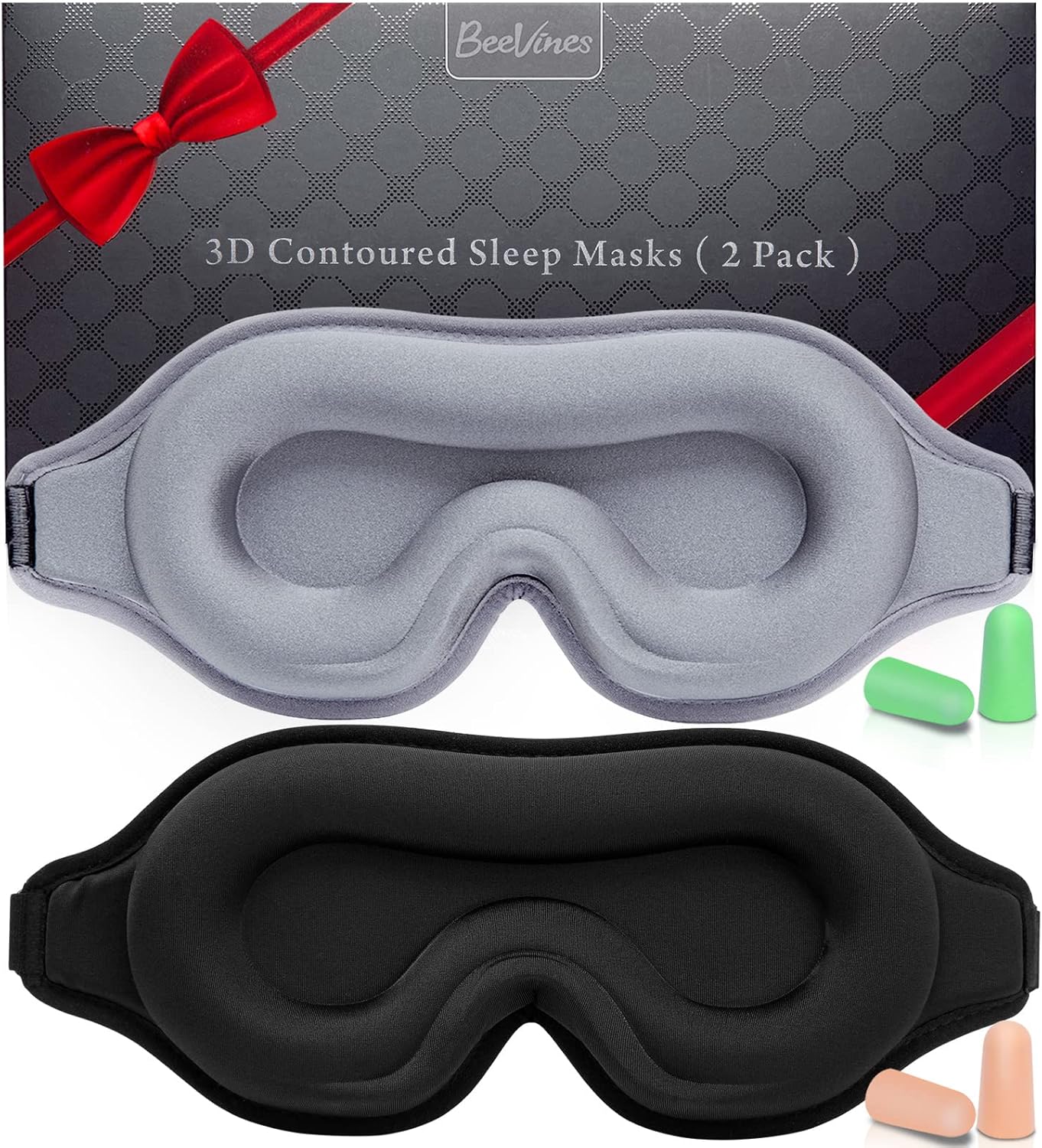 BeeVines 2 Pack 3D Contoured Sleep Mask Sleeping Eye Masks for Lash Extensions, Night Molded Mask with Adjustable Strap, 100% Block Light Eye Shade Cover for Traveling Yoga Nap
