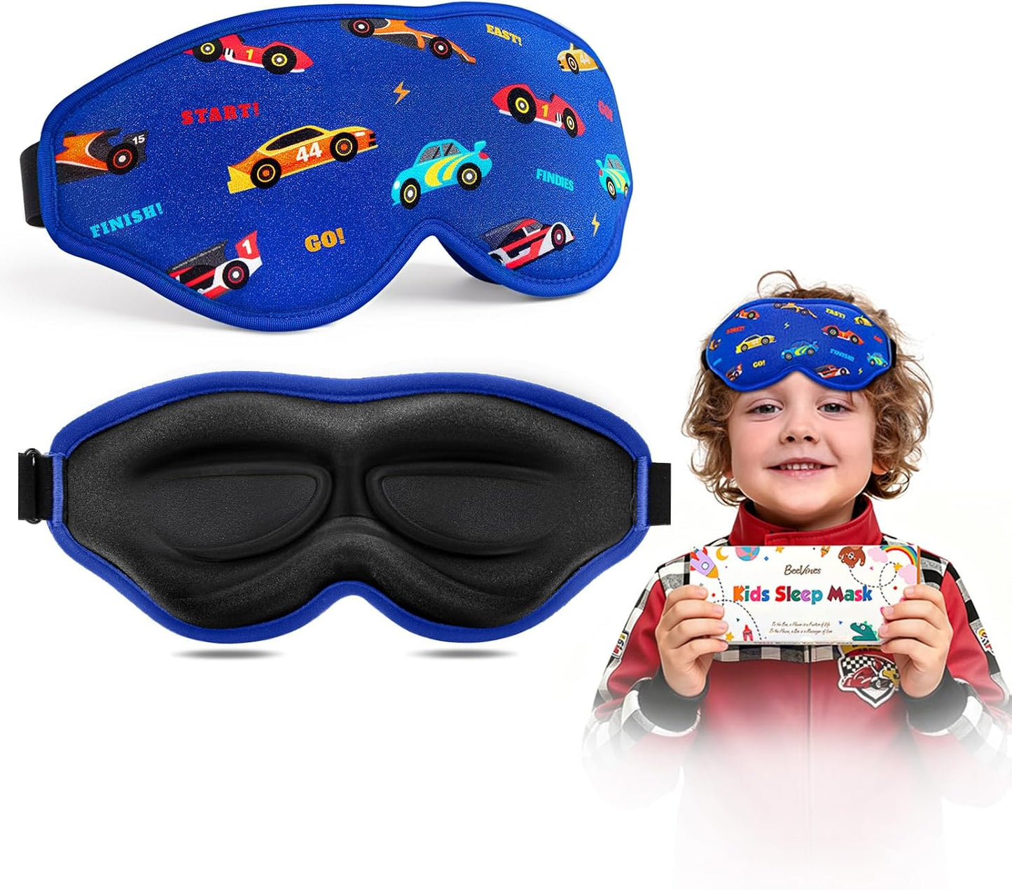 BeeVines Kids 3D Contoured Sleep Mask, 100% Blackout Sleeping Eye Masks for Boys, Pressure-Free Memory Foam Cushioned Eye Cover, Adjustable Strap, for Travel Gifts (Racing Car)