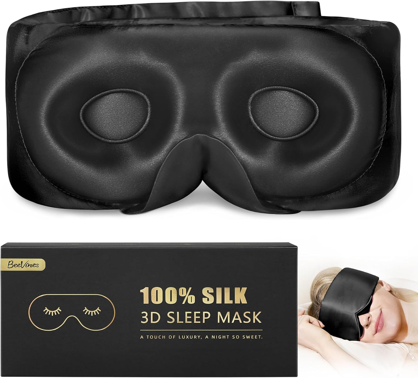 BeeVines Pure Silk 3D Sleep Mask for Women & men, Luxury 100% 22 Momme Mulberry Silk 3D Contoured Eye Mask for Lash Extensions, Zero Eye Pressure & Blackout Blindfold for Sleeping, with Adjustable Band