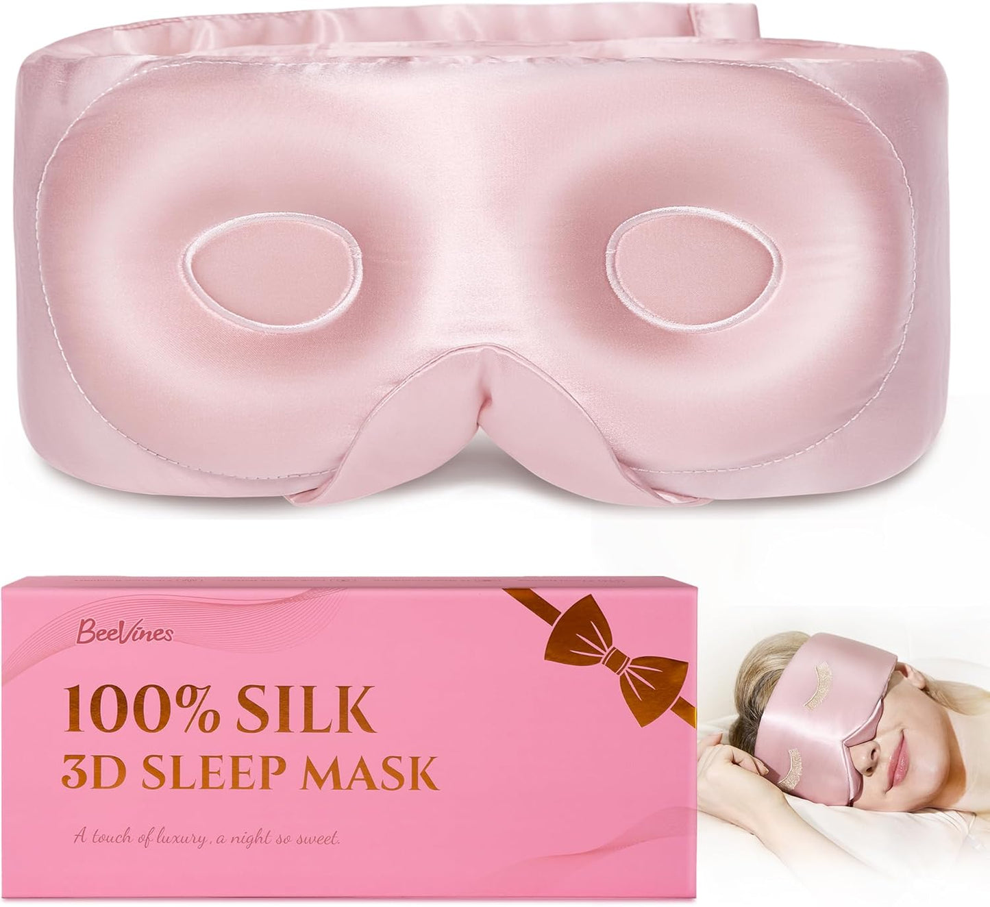 BeeVines Pure Silk 3D Sleep Mask for Women & men, Luxury 100% 22 Momme Mulberry Silk 3D Contoured Eye Mask for Lash Extensions, Zero Eye Pressure & Blackout Blindfold for Sleeping, with Adjustable Band