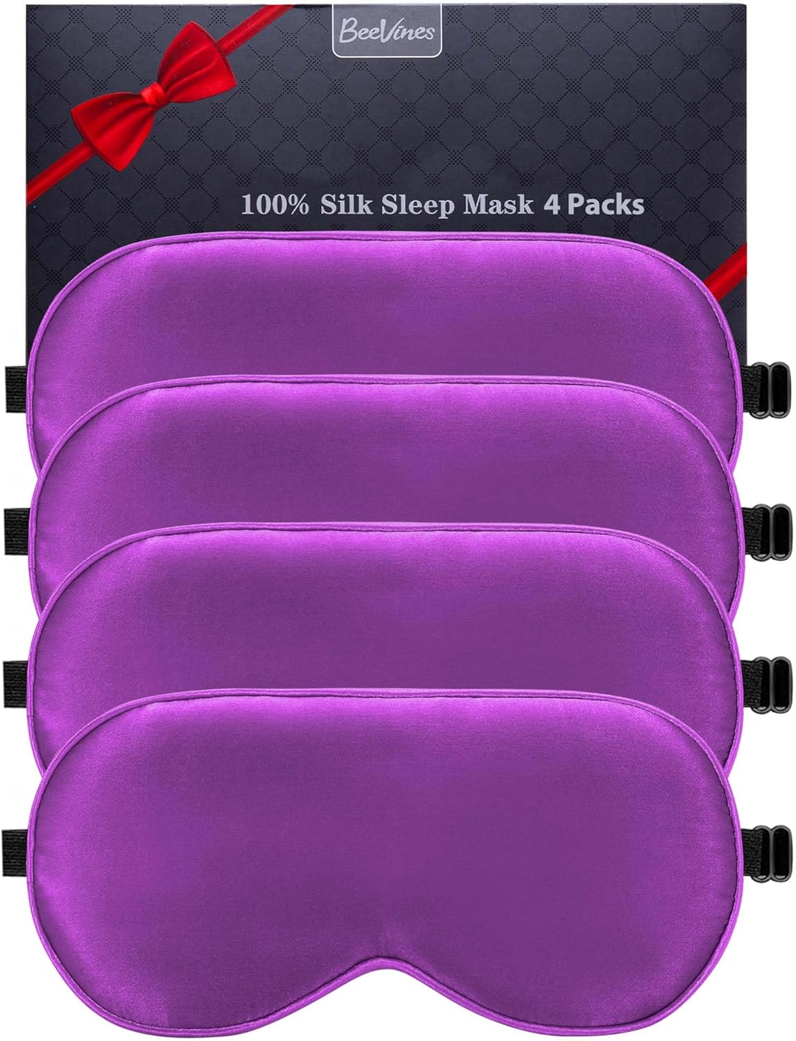 BeeVines Sleep Mask, 4 Packs 100% Real Natural Pure Silk Eye Masks with Adjustable Strap for Sleeping, Mulberry Silk Eye Sleep Shade Cover, Block Light Reduces Puffy Eyes Traveling Gifts